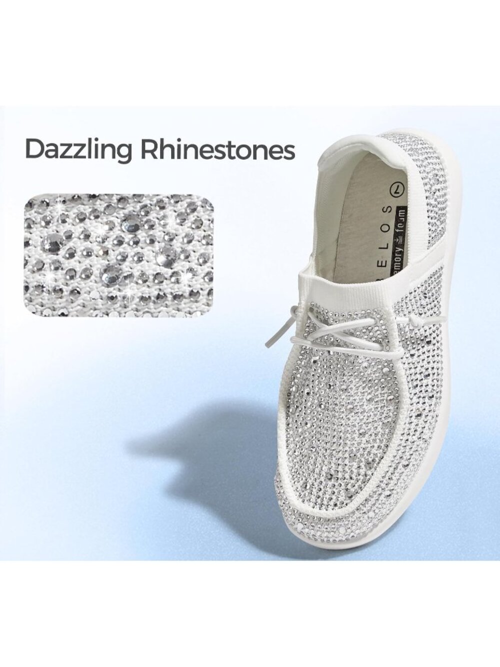 Women's White/Silver Knit Comfortable Rhinestone Lace Up Loafers Fashion Sneaker - Picture 5 of 7